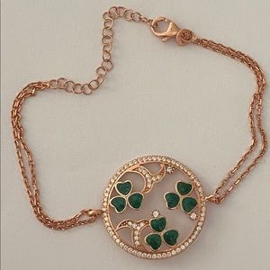 Bracelet 925 silver green clover clear cubic zirconia cz stones handmade